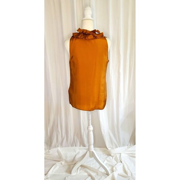 J. Crew Gold Silk Ruffle Neck Blouse Sleeveless Button Up Top Size 6 Preppy - Picture 5 of 13